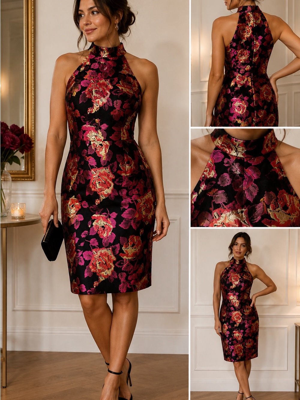 Boston Proper Size 16 Black Metallic Floral Jacquard Halter Dress Gold Pink Rose